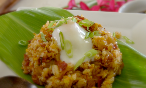 bacon kimchi fried rice with onsen tamago